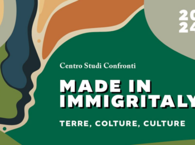 Copertina di un libro con sfondo verde e la scritta: "made in immigritaly:terre, colture, culture"
